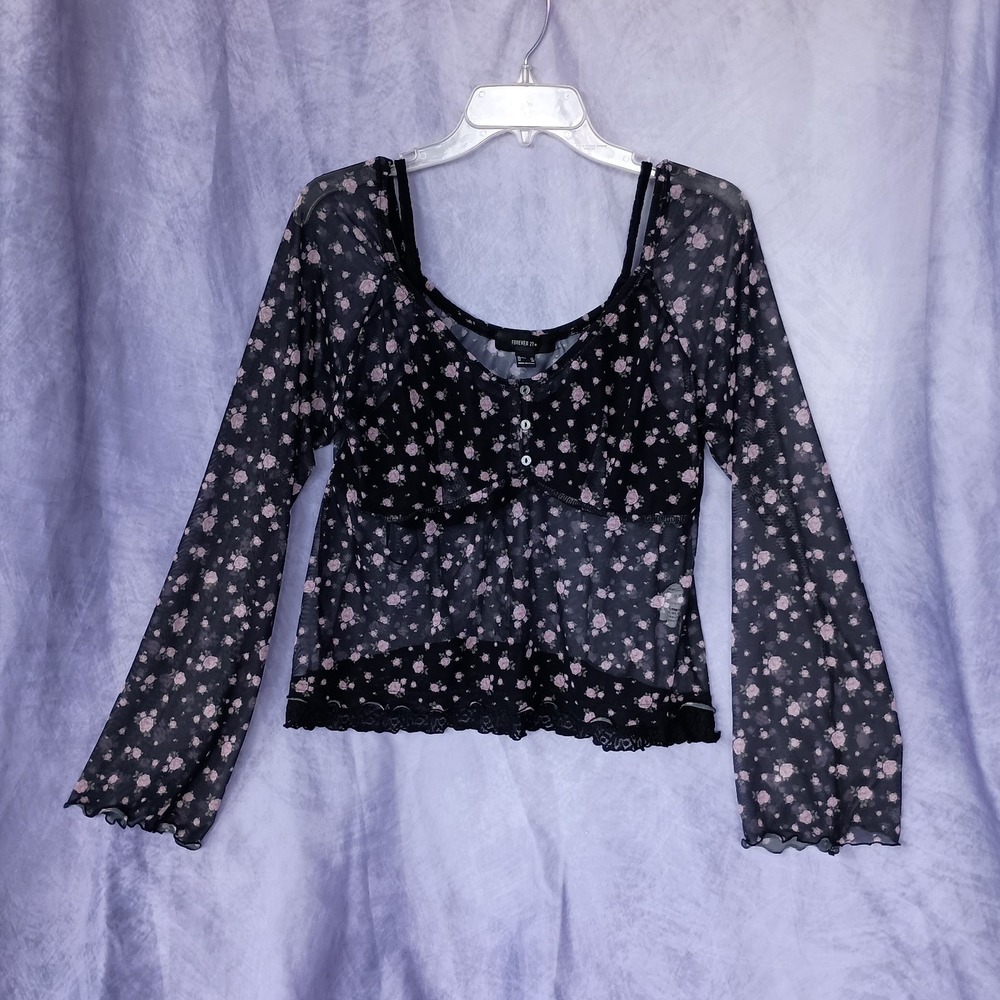Forever 21+ Floral Mesh Long Sleeve Lace Trim Top
